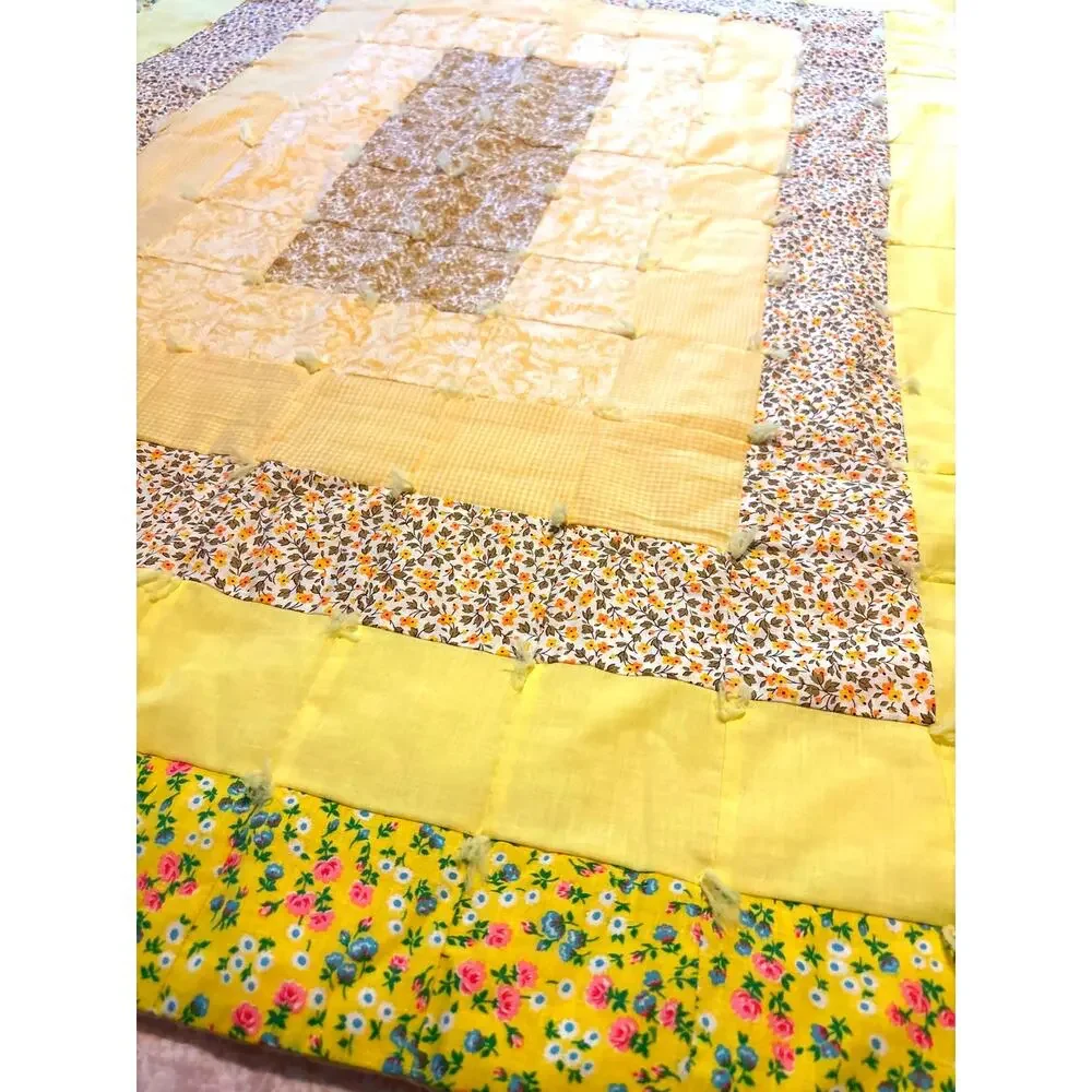 Vintage Handmade Yellow Floral Patchwork Tied Quilt Reversible Cottage Decor